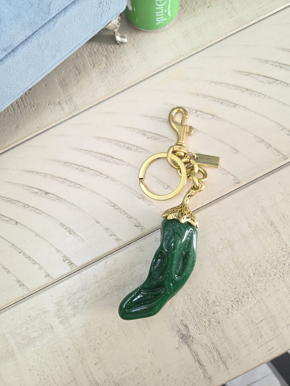 Green Resin Chili Pepper Bag Charm Keychain Gold Hardware - Brand New!